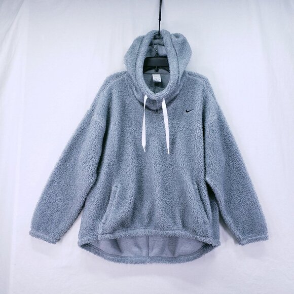Nike Therma - Fit Woman Grey Fluffy Sherpa Fleece Pullover Hoodie Sweater Size L - Picture 1 of 16